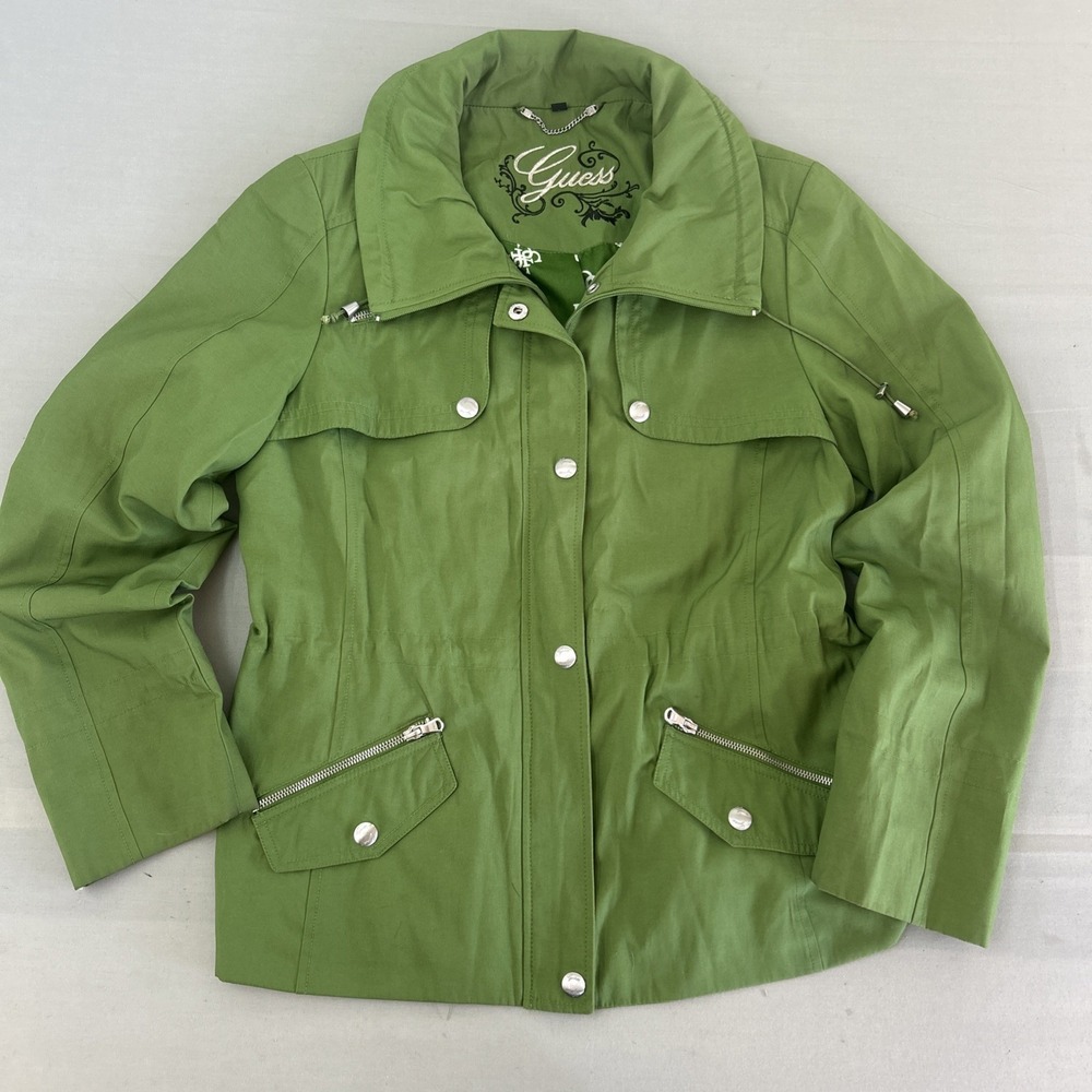 Guess Green Utility Jacket Women's Large Military Safari Style Zip Snap Y2K